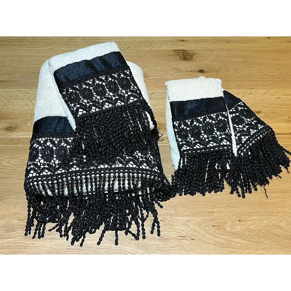 Croscill Home 4 piece bath towel set floral fringe cotton cream Vtg READ - Picture 2 of 16